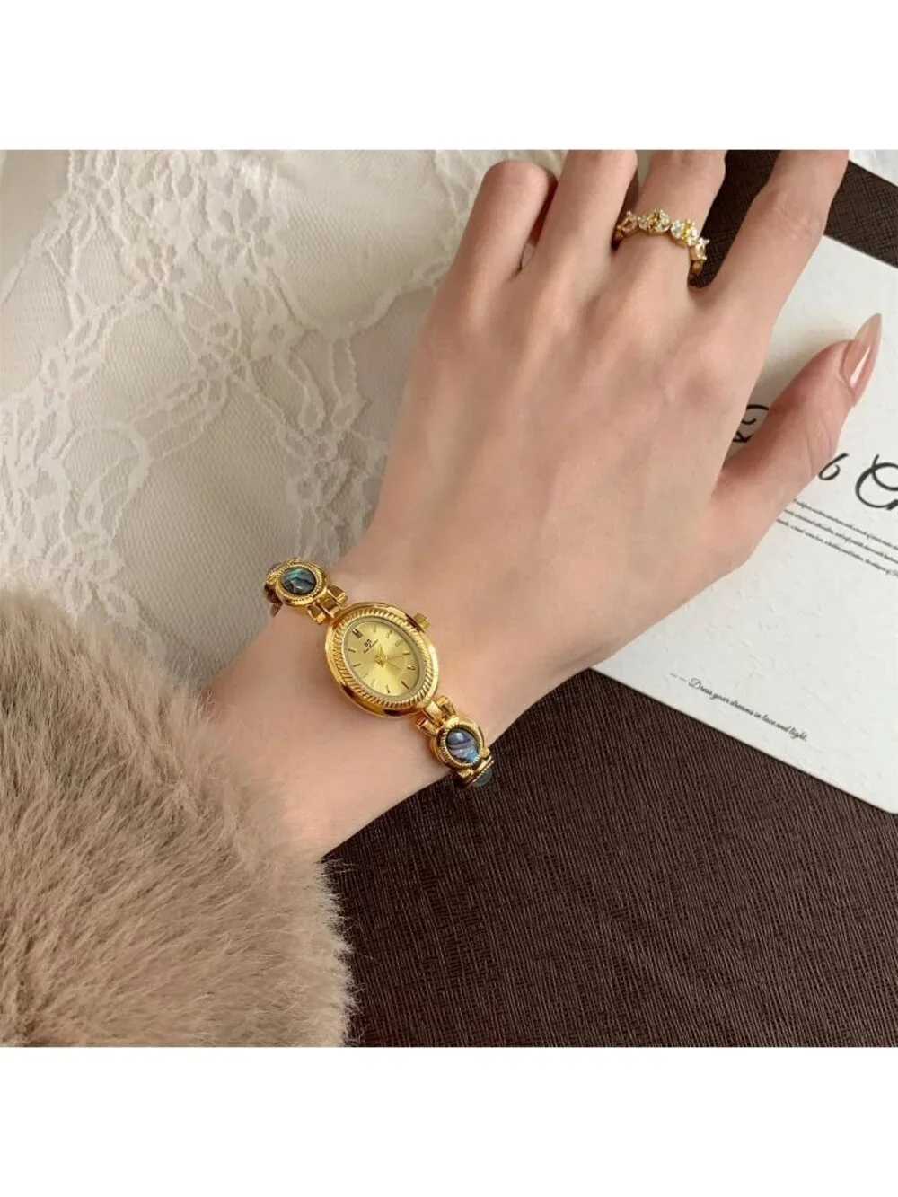 Women's Gold Vintage Bracelet Elegant Jade Oval Dial Waterproof Wrist Watch